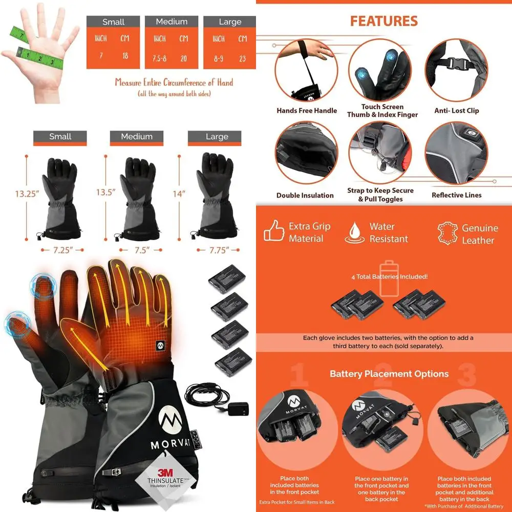 

Morvat Heated Gloves with Leather Palm Touchscreen Finger Tips, 16+ Hour Rechargeable, Water Resistant, Ski, Motorcycle, Men