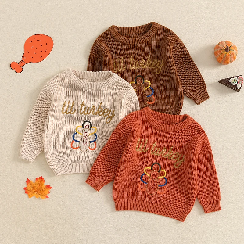 2024-07-30 Lioraitiin Toddler Thanksgiving Sweater Casual Letter Turkey Embroidery Warm Knitted Long Sleeves Pullover Knitwear