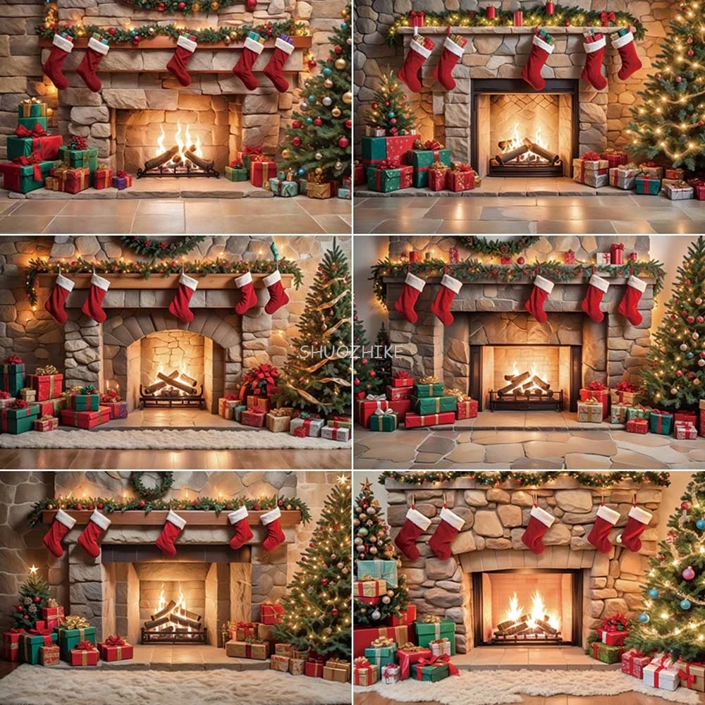 

Christmas Brick Fireplace Photography Backdrop Happy New Year Photo Background Professional Studio Photobooth Supplies