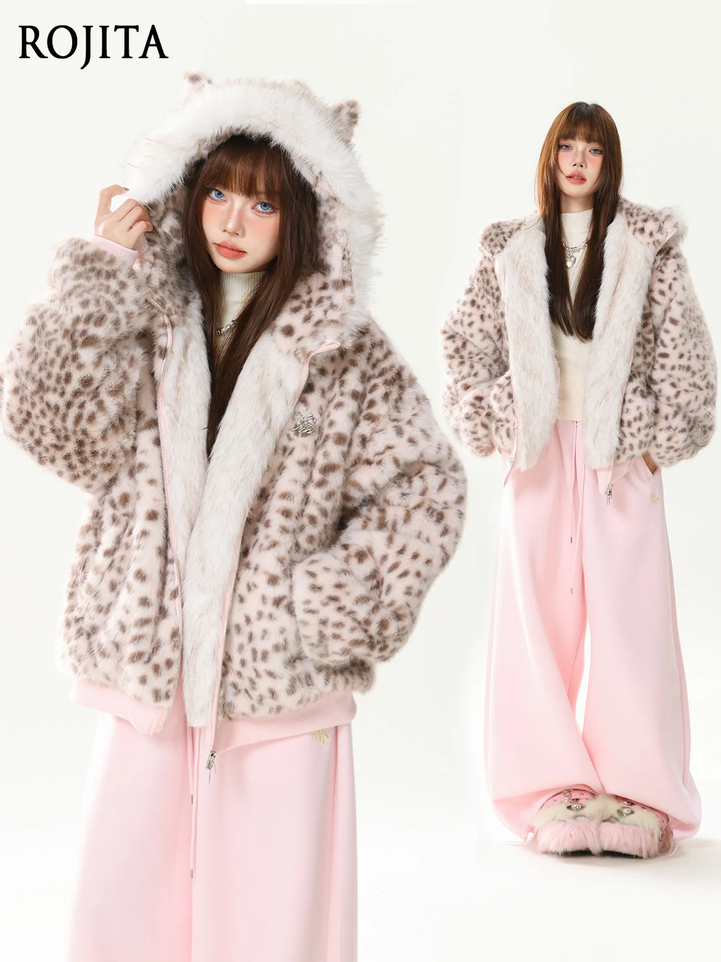 Women Y2K Leopard Faux Fur Hooded Jacket with Cat Ears Pink Fluffy Zip Up Warm Winter Loose Short Coat