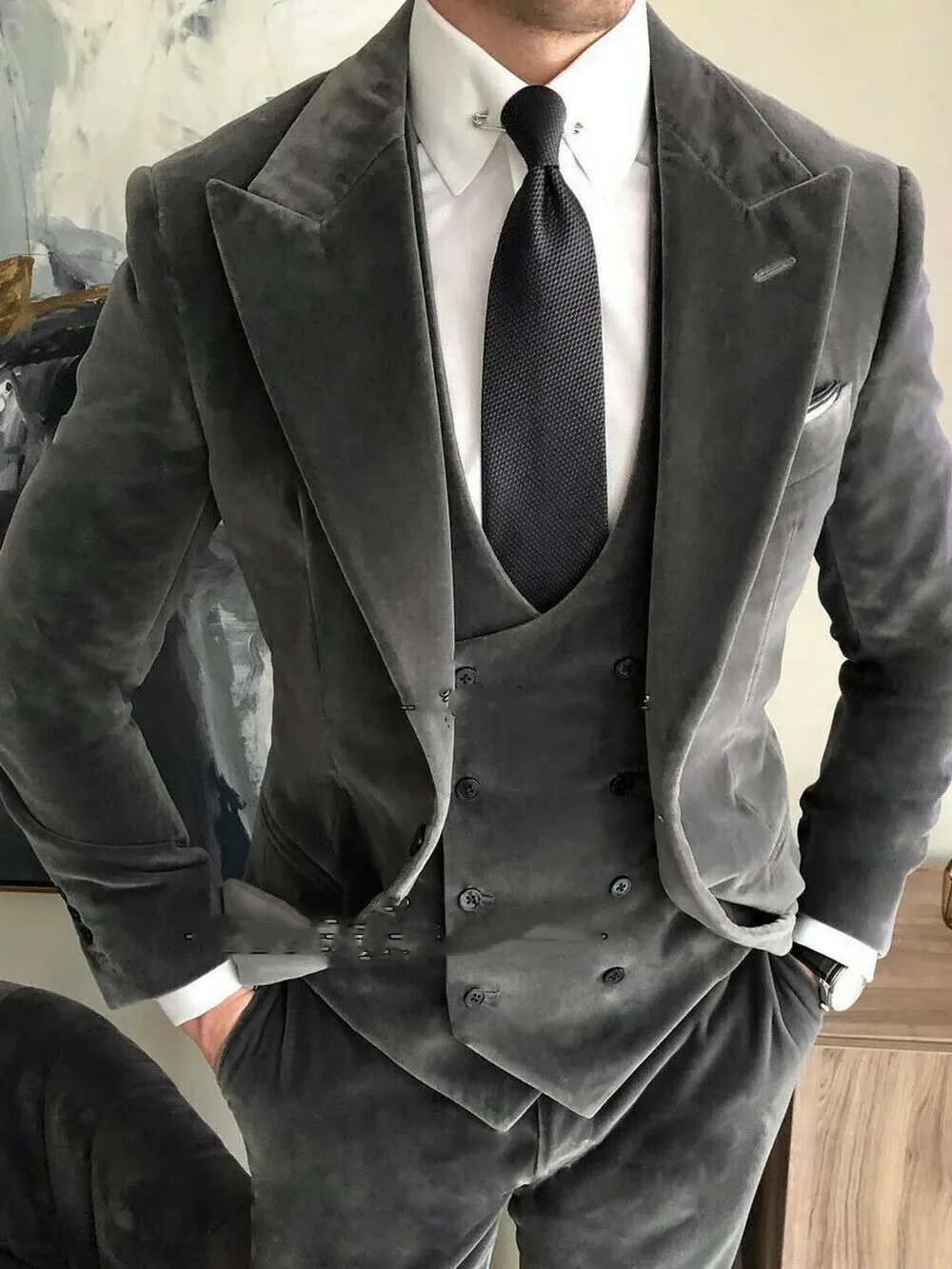 Grijze Fluwelen Mannen Bruiloft Smoking Afrikaanse Pakken Voor Prom Slim Fit Bruidegom Dragen Mannenmode Kostuum Jas Met Broek Vest