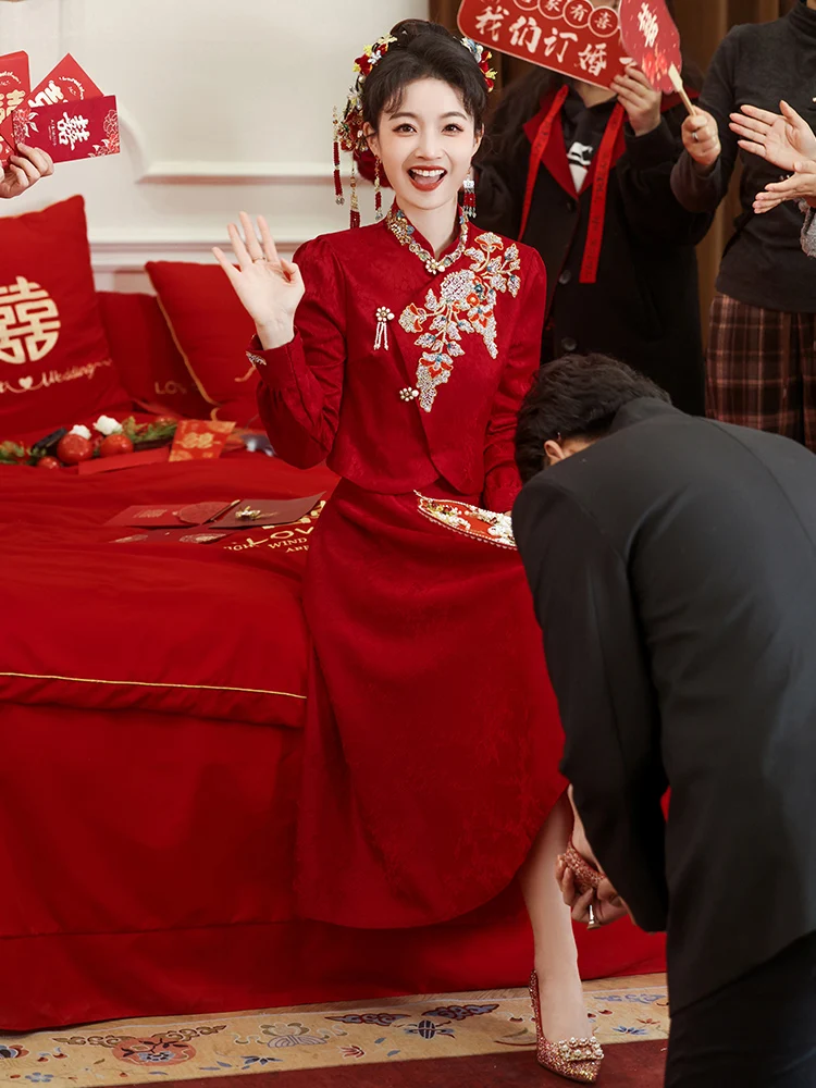 

Red Wedding Dr Engagement Dr Women's Vintage Sle mid Waist Long Sve a Line Skirt Par Evening Gown