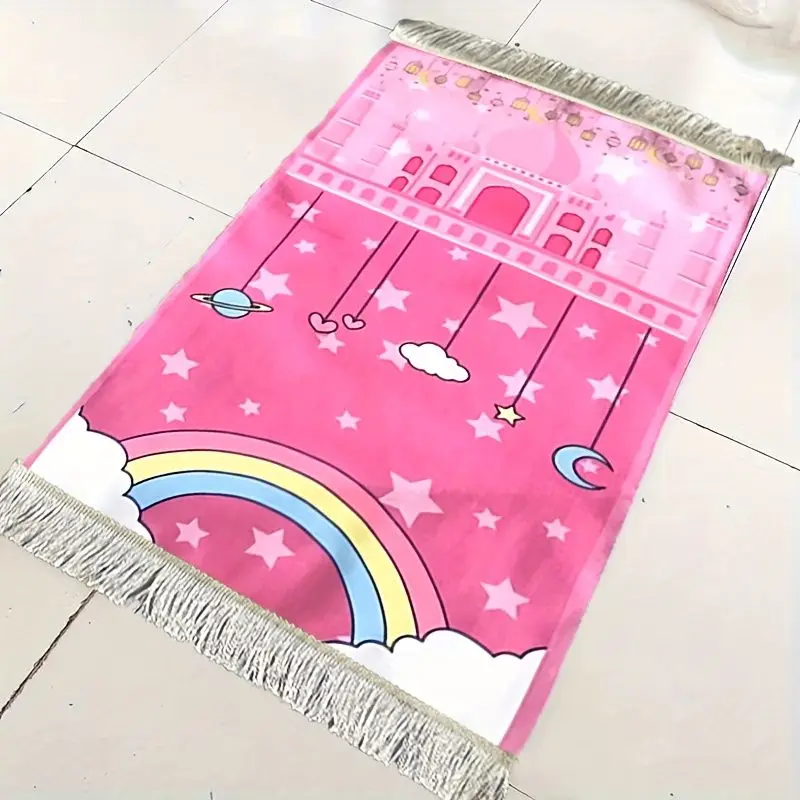 Tapis de prière musulman pour enfants VIKAMA Rainbow Planet, tapis de prière lavable avec pompons, tapis de prière islamique de dessin animé, décoration de la maison