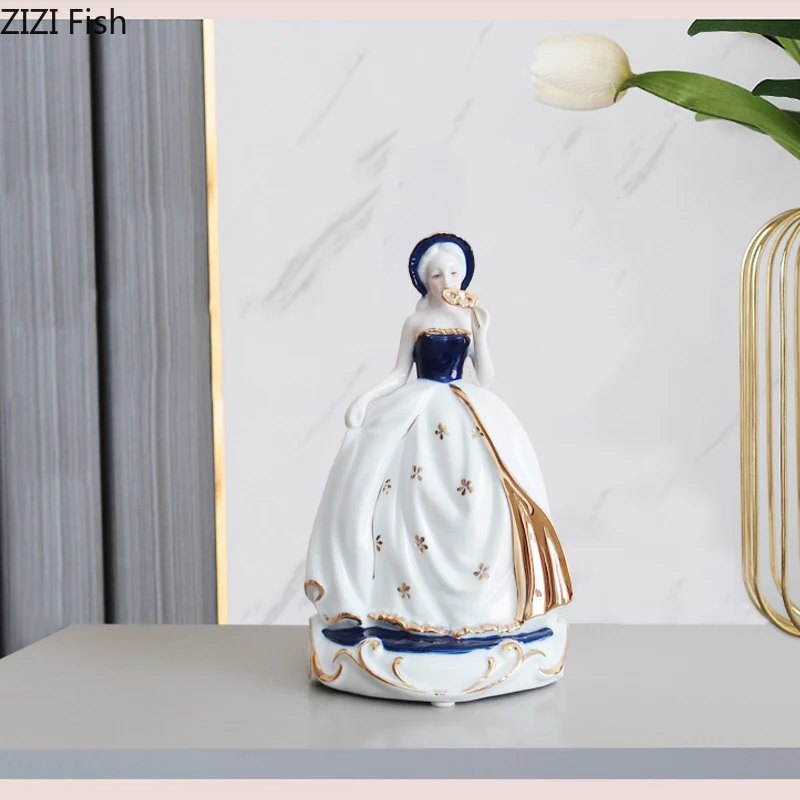 European Girl Ceramic Figures Statue Desk Decoration Ornaments Painted Enamel Color Character Sculpture Room Aesthetics Decor