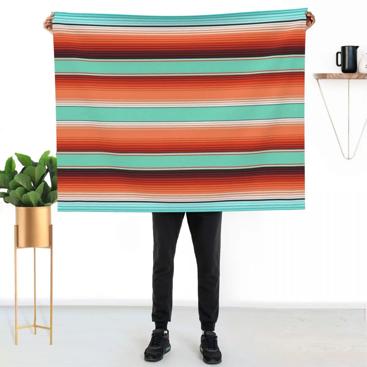 

Teal Turquoise and Burnt Orange Southwest Serape Blanket Stripes Throw Blanket Color Fast Cozy Throw Blanket
