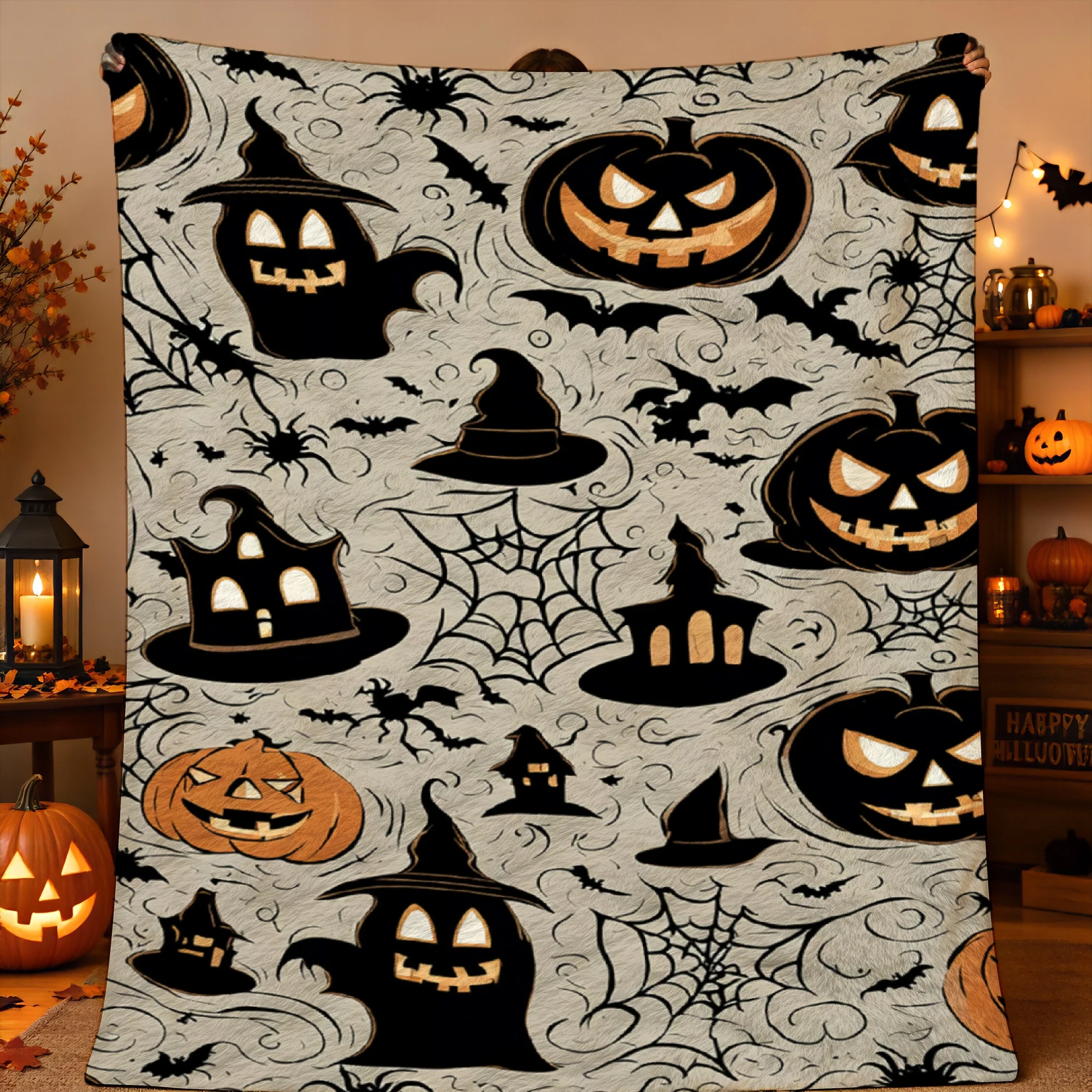 1pc 2D Printed Halloween Throw Blanket Jack O Lanterns Ghosts Witches Hats Spiderwebs Bats Haunted Houses Gray Background Soft W