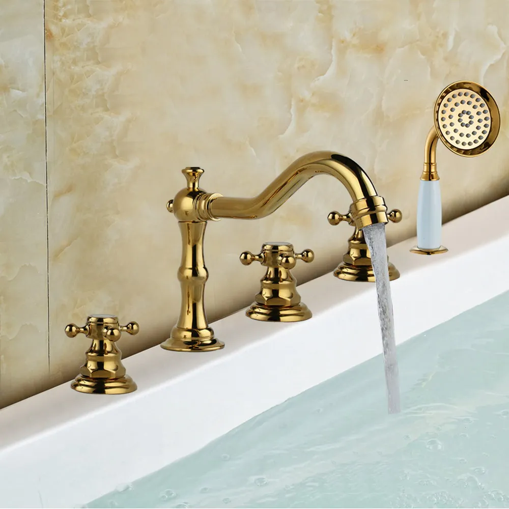 

Gold Color Brass 5pcs Bathroom Tub Sink Faucet with Hand Shower Deck Mounted 5 Holes Three Cross Handles Bathtub Taps Ntf060