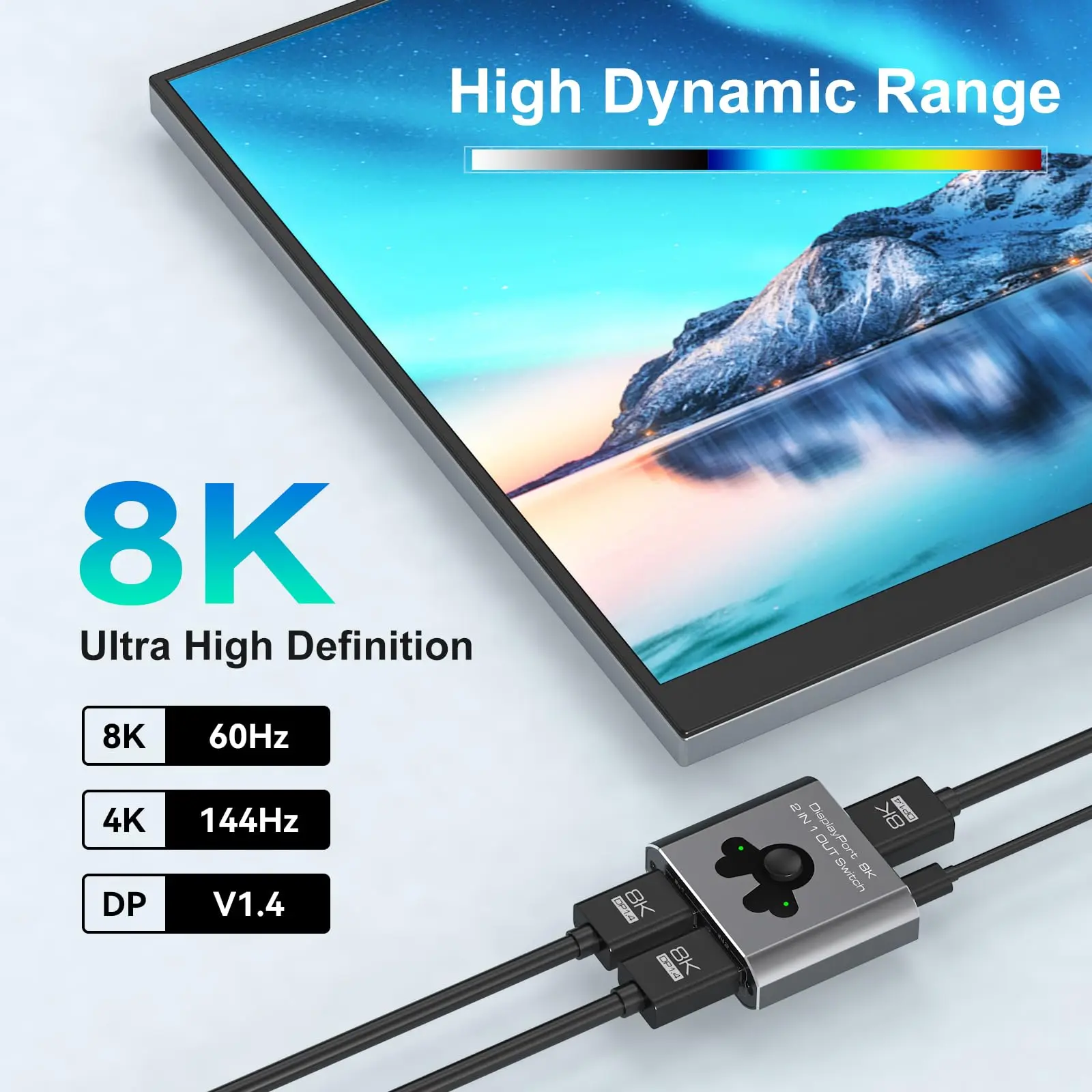 Displayport Switch 2 in 1 Out, 8K@60Hz 4K144Hz DP Switch Displayport Switcher DP 1.4 Kompatybilny z telewizorami Monitos Laptop