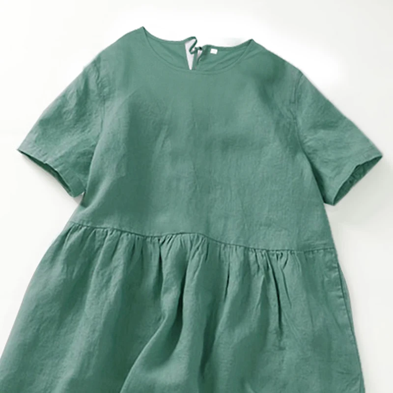 시크한 코튼 리넨 원피스 여성용 반팔 단색 원피스 O넥 빈티지 캐주얼 선드레스, 휴일 여행 의상, 2024 여름