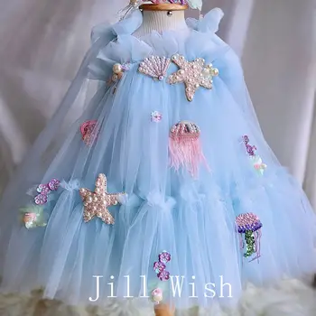 Jill wish-子供用パール付きミニビーズドレス,プリンセスドレス,ラグジュアリー,ブルー,ベビーフラワー,女の子,誕生日,結婚式,聖体拝領,j038