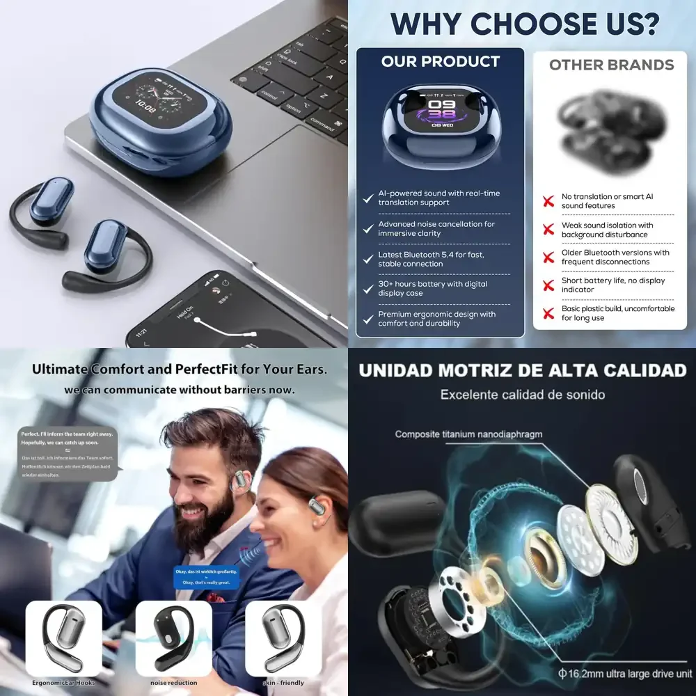

Беспроводные наушники UYUXIO Open Ear с цифровым дисплеем, Bluetooth 5.4, сенсорным LCD-экраном, 60 часами работы и водонепроницаемостью