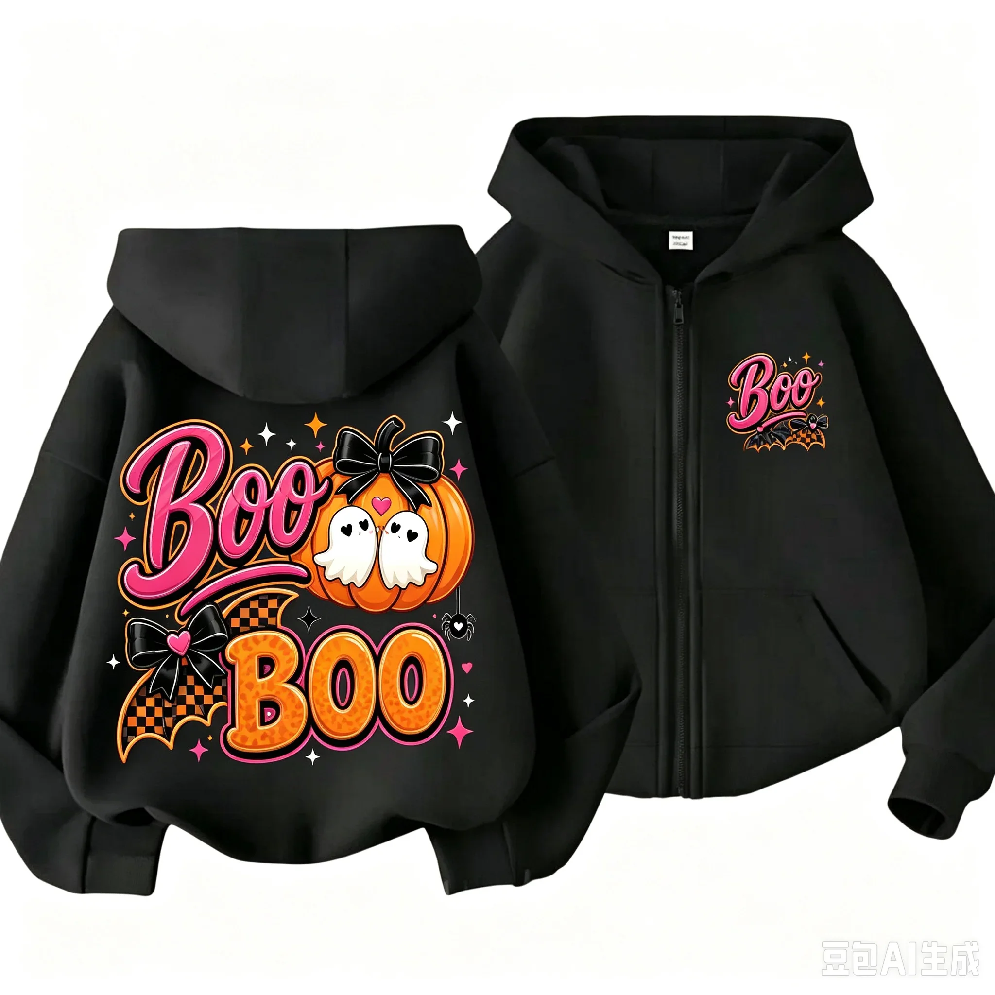 Girls Cute Boo Boo Zip Hoodie Halloween Ghost Pumpkin Bow Spider Pattern Long Sleeve Hooded Jacket Autumn Daily Wear With Pocket