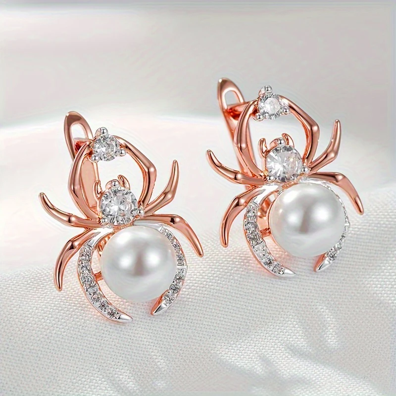 Huitan Spooky Spider Halloween Hoop Earrings for Women Imitation Pearl Animal Festival Punk Party Jewelry with Cubic Zirconia