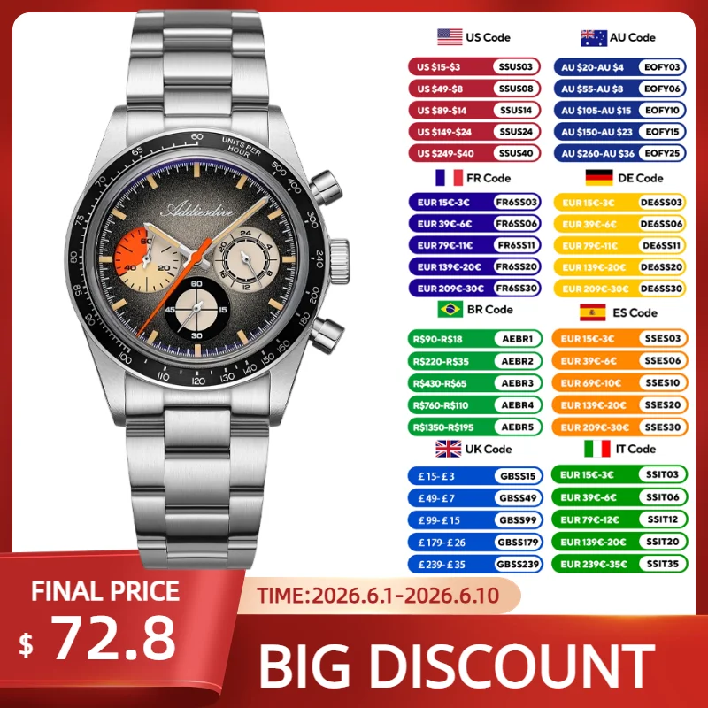 

ADDIESDIVE 2026 New Men Quartz Watches High End Aluminum Bezel Bubble Glass Sports Chronograph Tachymeter 100m Waterproof Watch
