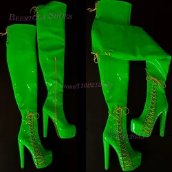 Green Bright Low Platform Side Lace-Up Boot Women Round Stiletto Half Zip Sexy Girl Cool Metallic Glitter Summer Pole Dance Shoe