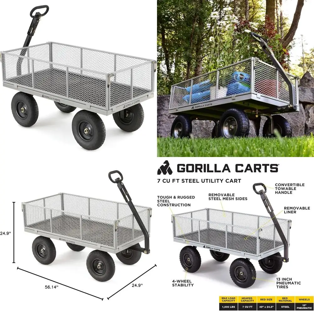 

Heavy-Duty Outdoor Hauling Wagon, 7 Cubic Feet Steel Bed, 1000 lb Capacity, Removable, Towable Utility Cart for Heavy Loads