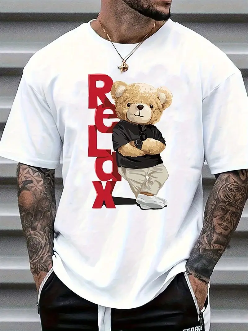Men's Bear Print Short Sleeve T-Shirt Summer Casual Round Neck Tee Bear & Beech Tree Ink Drawing Regular Fit Machine Washable