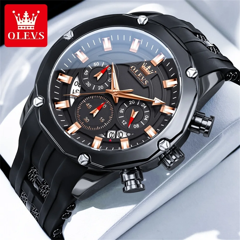 OLEVS 9991 Modische Herren-Quarzuhr, wasserdicht, leuchtend, Silikonarmband, Chronograph, Armbanduhr für Herren
