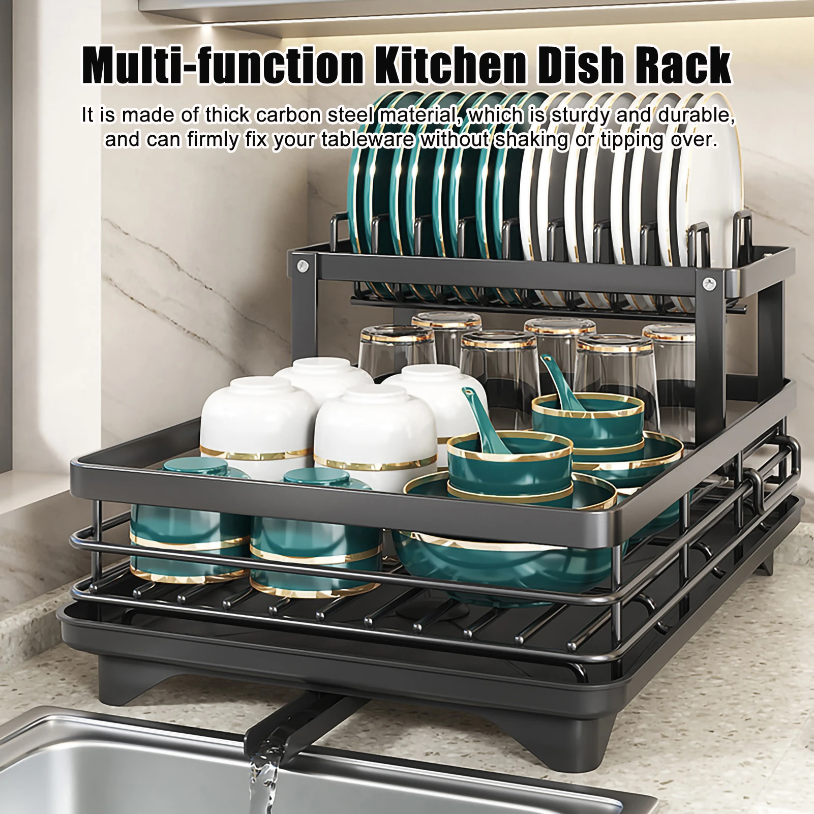 

Multifunctional Dish Drying Rack Adjustable Kitchen Plates Organizer with Drainboard Over Sink Countertop Cutlery Storage Holder