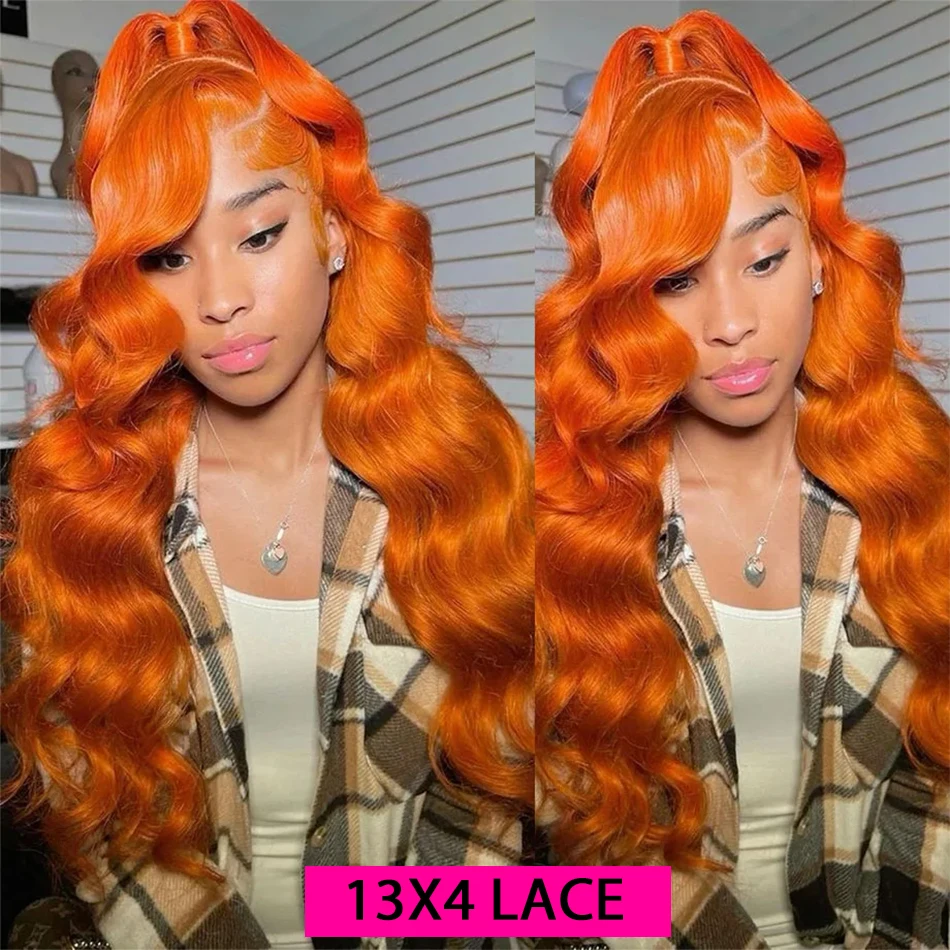 36 Inch Body Wave Orange Ginger 13x4 Transparent Lace Front Pre Plucked Human Hair Wigs Human Hair 180% Density Baby Hair