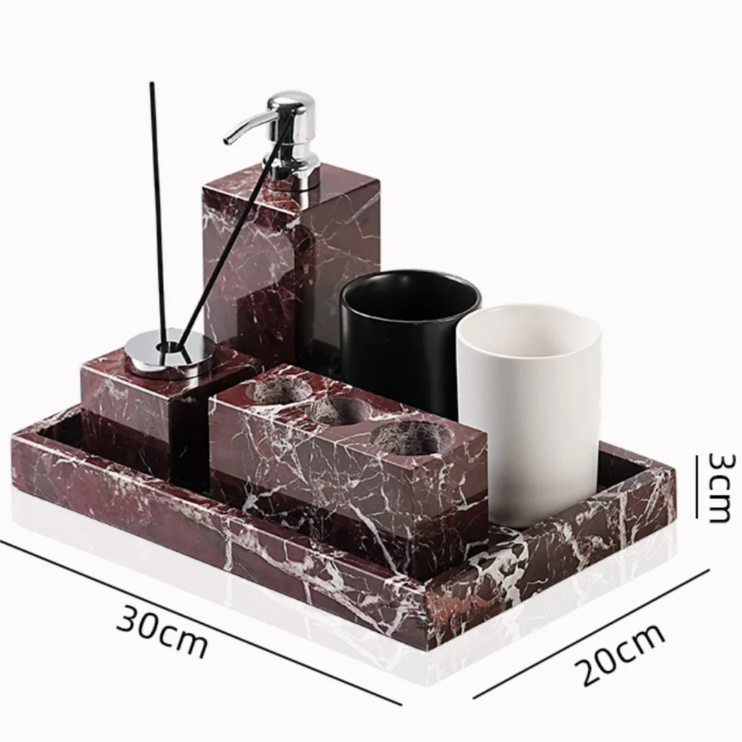 Luxury Natural Marble Rosa Levanto Bathroom Set for Home Decor Toothbrush Holder Mouthwash Cup Storage Tray Soap Dispenser