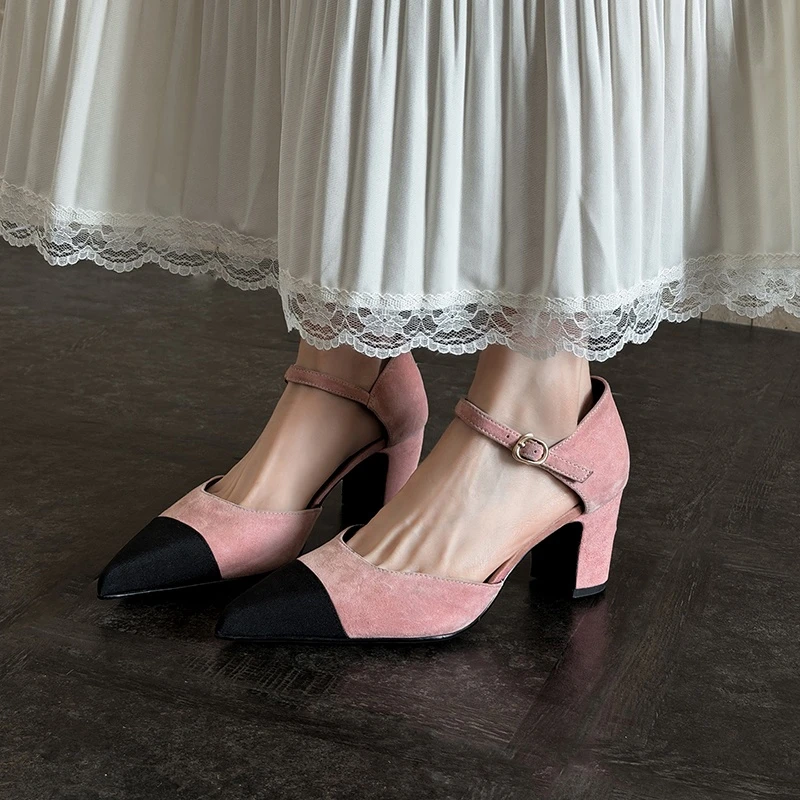 

Women's new leather sheep suede high heels with color blocking, hollow elastic belt buckle, toe cap sandals, fashion sandals