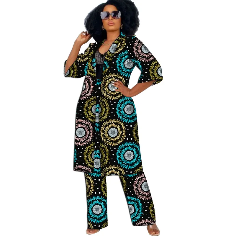 African Print Couture Women's Collarless Coat With Pant Cardigan Windbreaker 3/4 Sleeve Set Original Design Tailored
