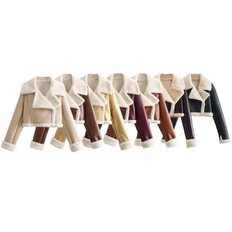 

Women's fur integrated jacket, spring fleece patchwork, cross-border European and American short zipper lapel motorcycle jacket