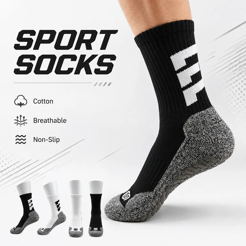 1 pairs Men Crew Mid‑Calf Sport Socks Cotton Breathable Anti‑Slip Thick Cushioned Athletic Socks For Running Basketball Training
