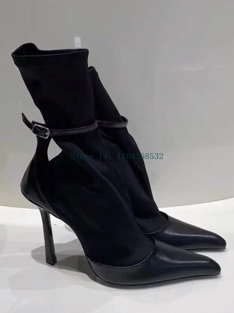 

Pointed Toe Sock Boots Thin High Heel Stretch Fabric 2024 New Arrivals Patckwork Ankle Buckle Strap Fashion Women Ankle Booties