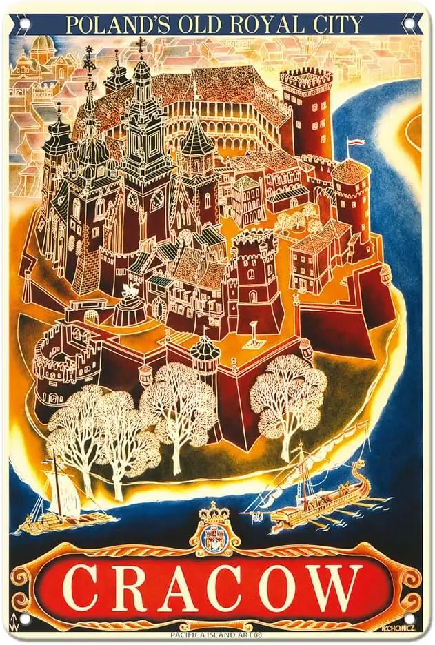 Pacifica Island Art Kraków (Cracow) - Poland's Old Royal City - Vintage Railroad Travel Poster by Witold Chomicz c.1935-8 x sign
