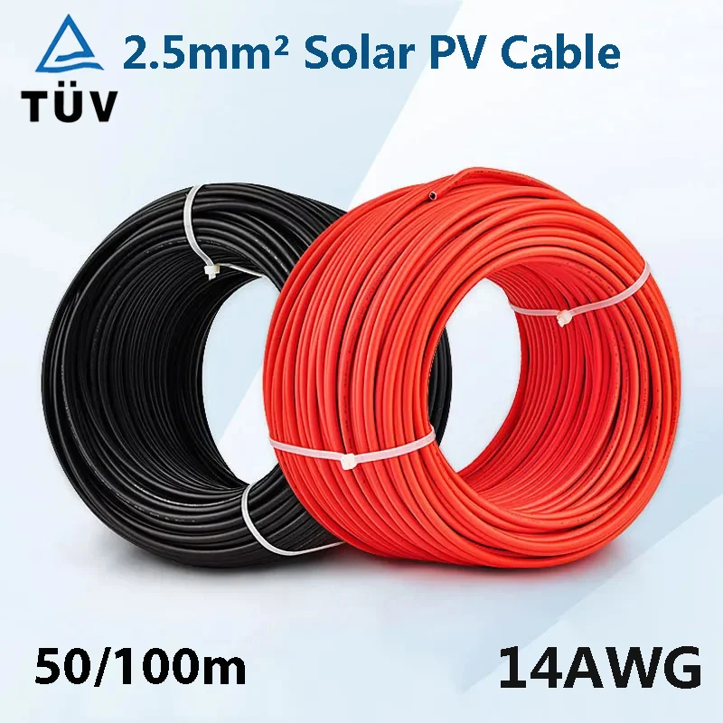 

2.5mm2 14AWG Solar Power Cable Wire PV Cable TUV Cable For PV Panels Connection Red Black Jacket 50/100m 50 100 meters