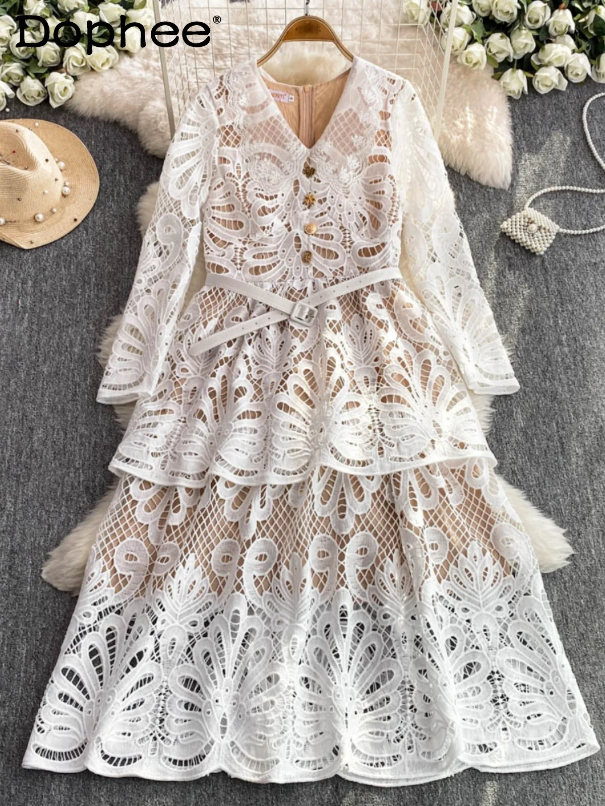 

Light Luxury Heavy Industry Hollow Carved Lace Dress Women's High-end Double-layer Ruffle Leaf Edge Cake Dress Celebrity Dress