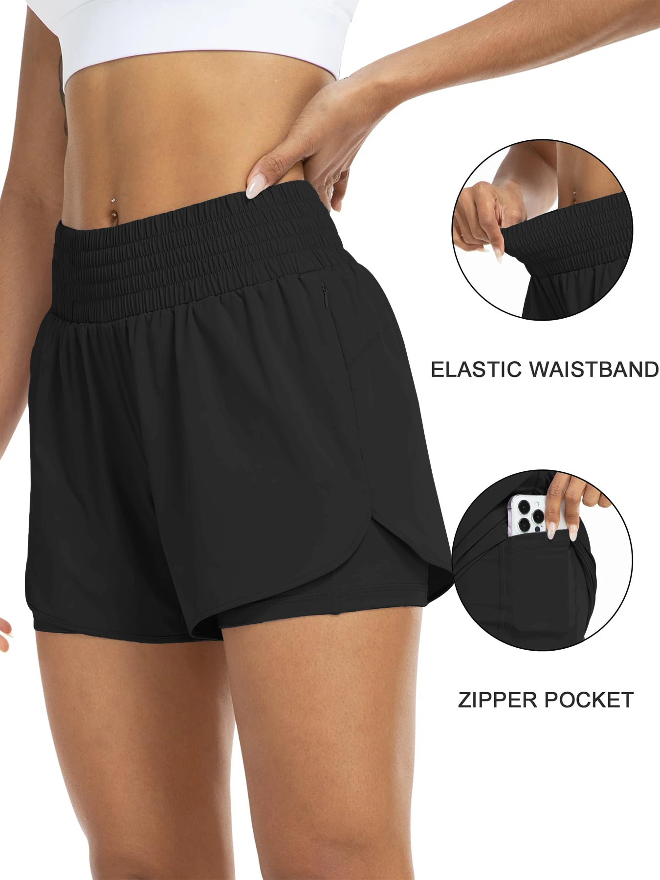 Short de sport taille haute pour femme, pour course à pied, yoga, design superposé, anti-exposition, fitness et entraînement avec poches