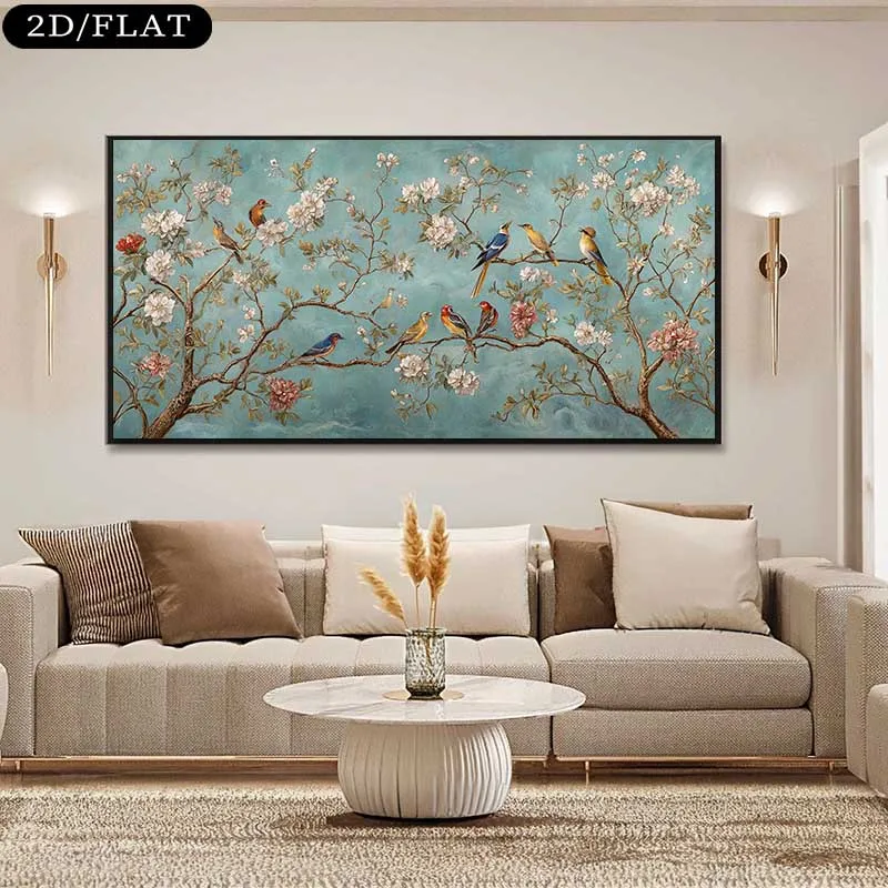 

2D / Flat Large Modern Realistic Floral & Birds Canvas Wall Art, Frameless Neutral Rural Wall Art Painting for Living Room Decor
