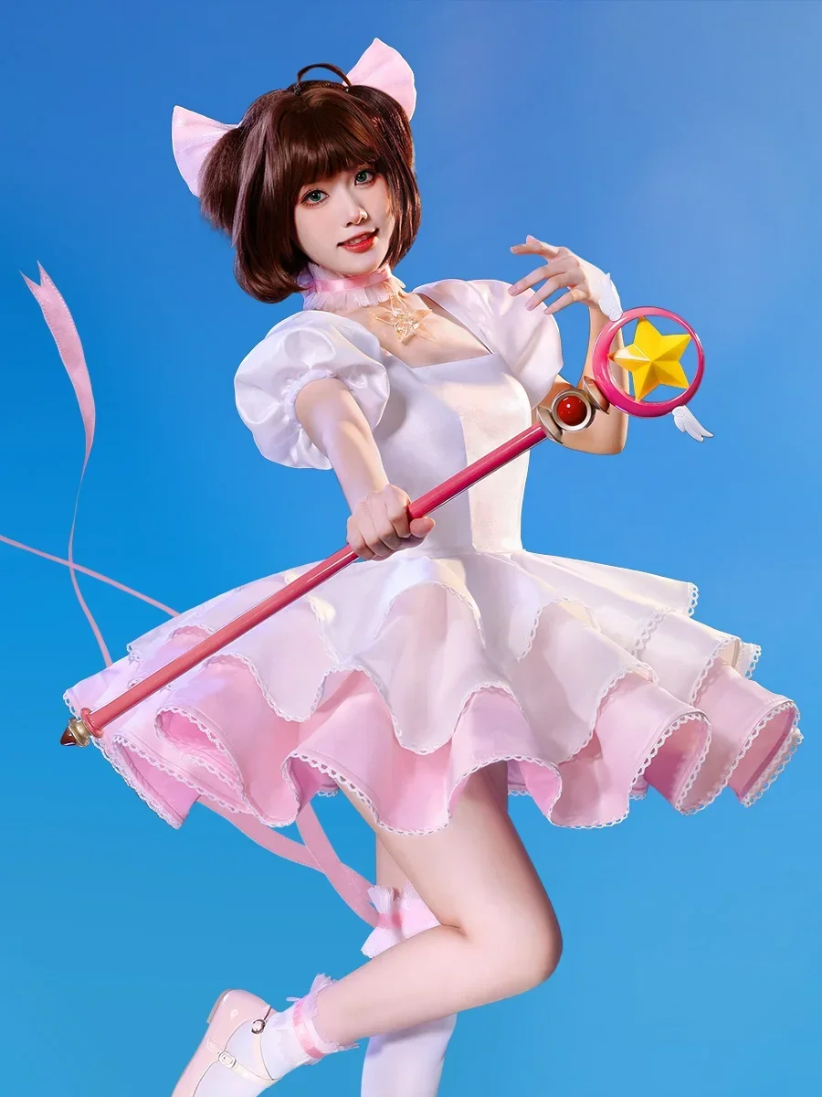 

KINOMOTO SAKURA Cosplay Anime Card Captor KINOMOTO SAKURA Pink And White Combats Cosplay Costume Dress Set Wig Christmas Cosplay