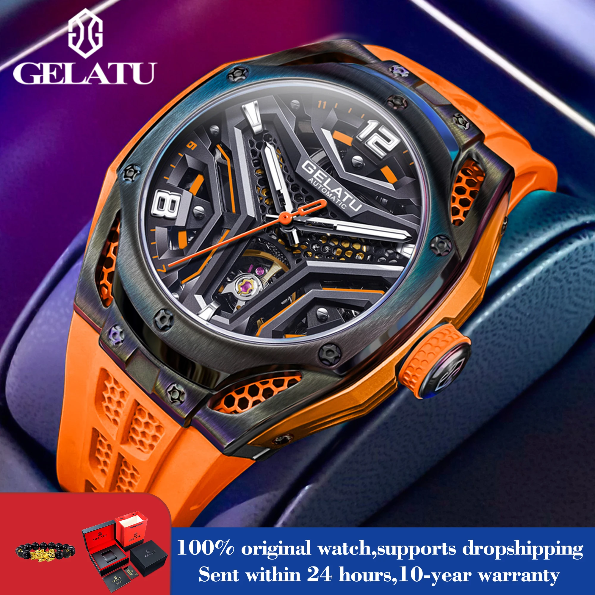 GELATU 6007 Sport Mechanical Watch For Men Number Scale Hollow Silicone Strap Hand Clock 50M Waterproof Top Brand Man Watches