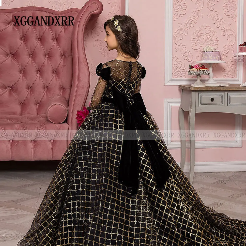 Vestido negro elegante para niña de las flores, minivestido brillante con lazo en la espalda para fiesta de cumpleaños, boda, hija árabe, princesa para graduación, 2024