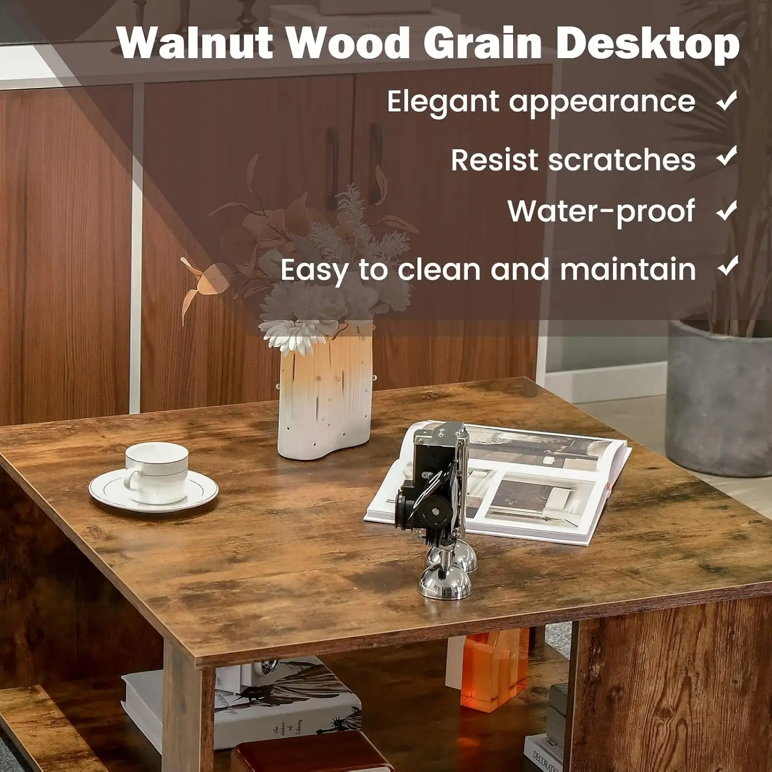 32" Mid-Century Industrial Square Coffee Table - 2-Tier Rustic Brown Wooden Table with Storage Shelf