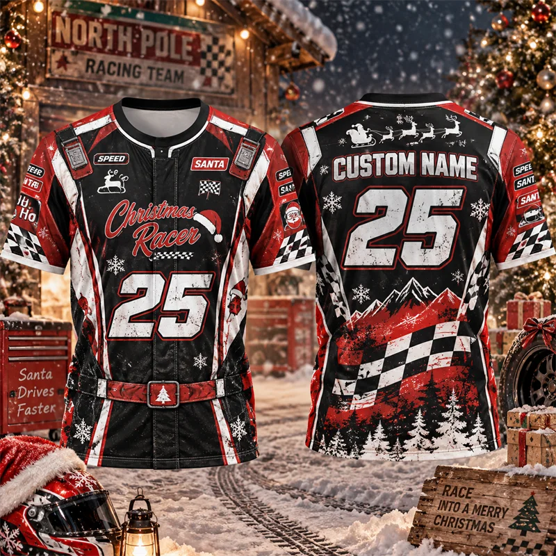 Custom Name Number Christmas Racing T Shirt Men Santa Racer Checkered Flag Short Sleeve Xmas Motorsport Holiday Streetwear Top