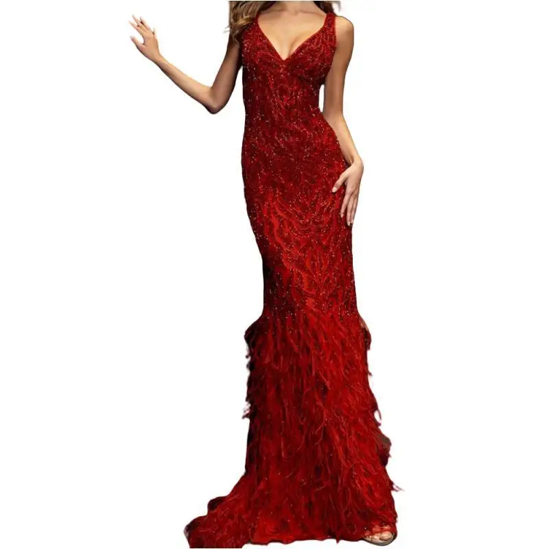 AA129 Customized Elegant Luxury Women Formal Occasion Dress V Neck Feather Long Prom Wedding Party Dresses Evening Gown Vestidos