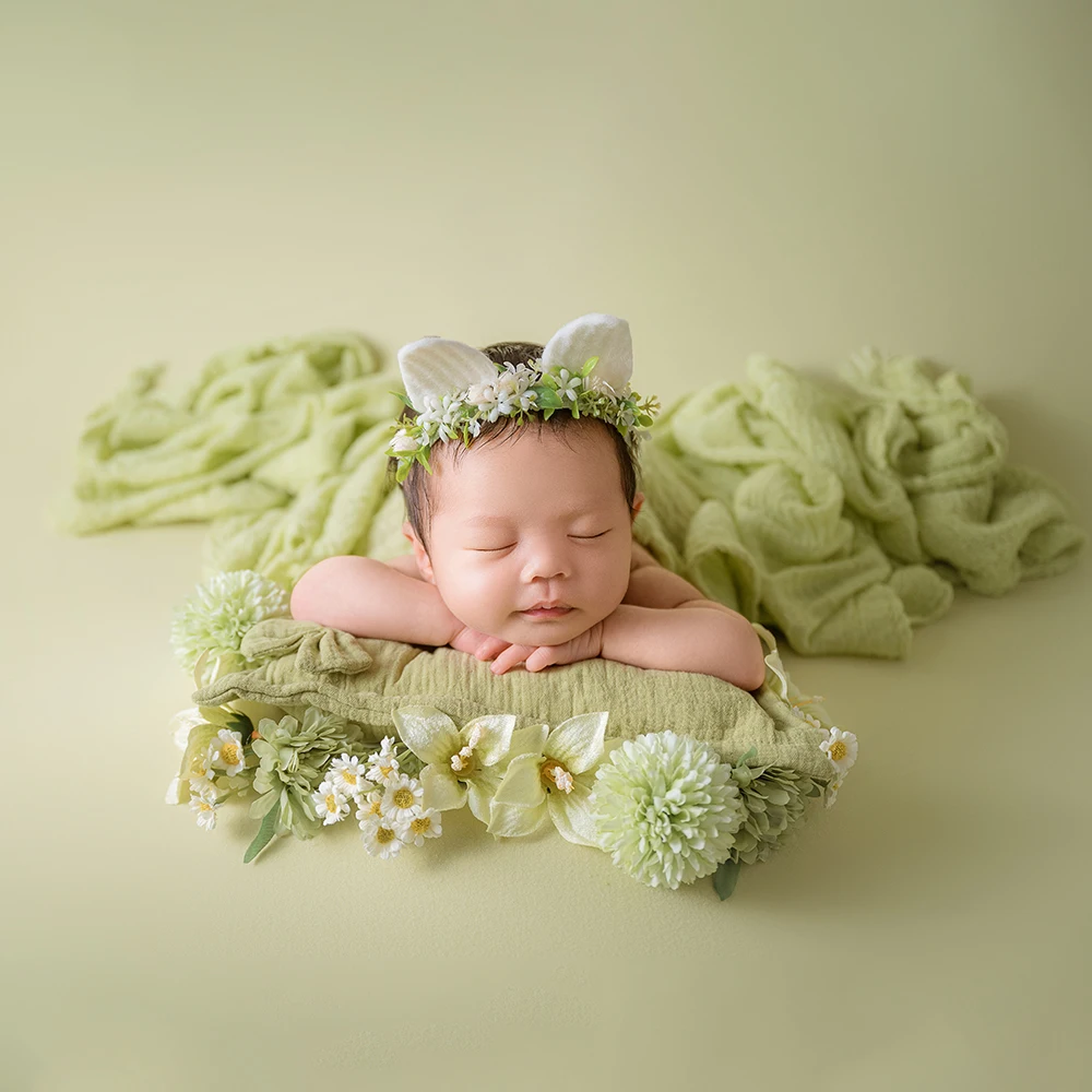 

Spring Green Newborn Photography Backdrop Wrapping Theme Props Pillow Ears Headband Floral Photo Studio Fresh Art Style Decor