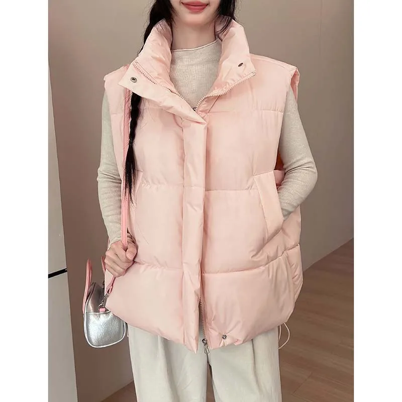 2026 Korean Loose Fashion Women Down Cotton Vest Fall Winter New Stand-up Collar All-match Warm Sleeveless Waistcoat Outwear Top
