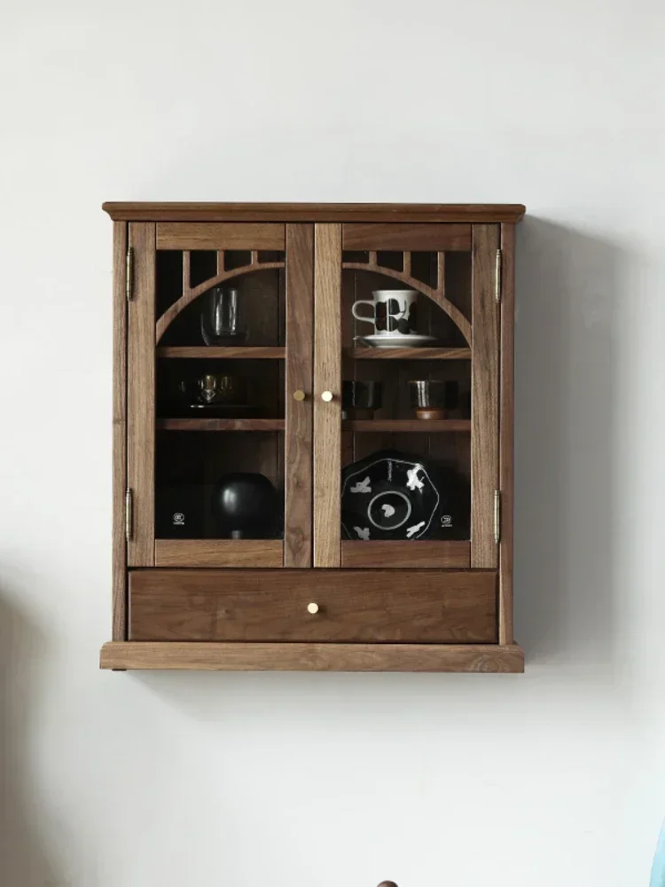 Wall Cupboard Curio Cabinet Black Walnut Glass Closet Wall-Mounted Dish Display Cabinet
