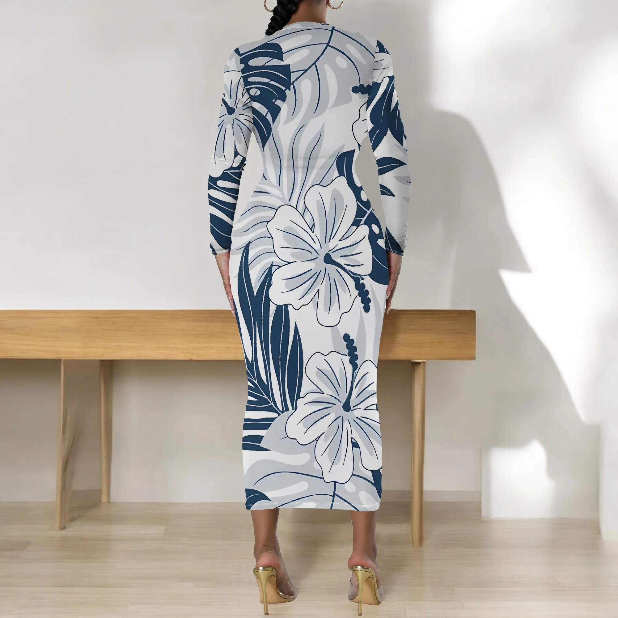 Tropical Floral Print Bodycon Dress for Women Long Sleeve Slim Fit Beach Vacation Party Outfit Midi Style