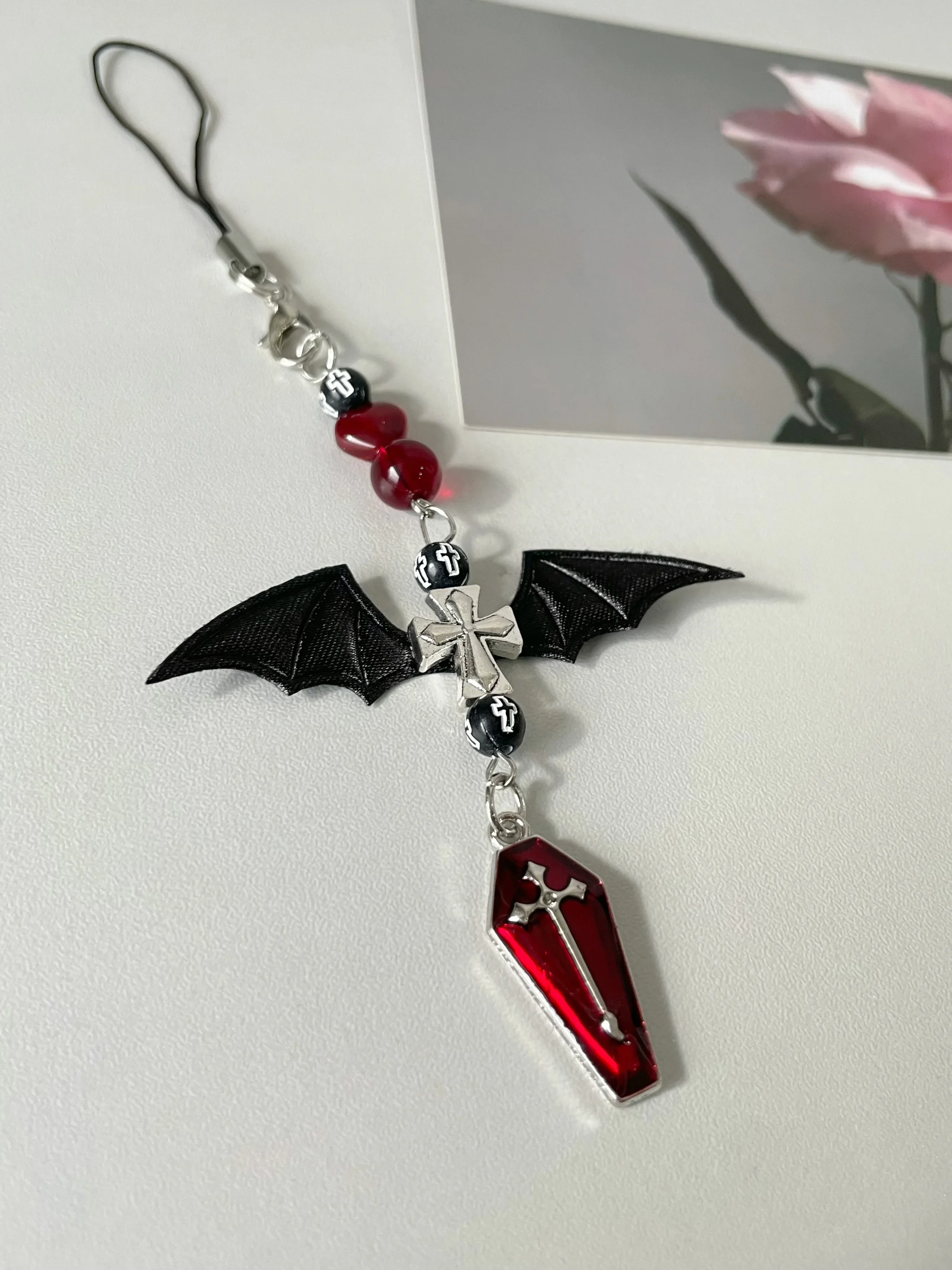 Red Dark Black Gothic Cross coffin Devil Wings Beaded Mobile Phone Pendant Ins Wind Korea Japan Y2k Strap Lanyard Subculture