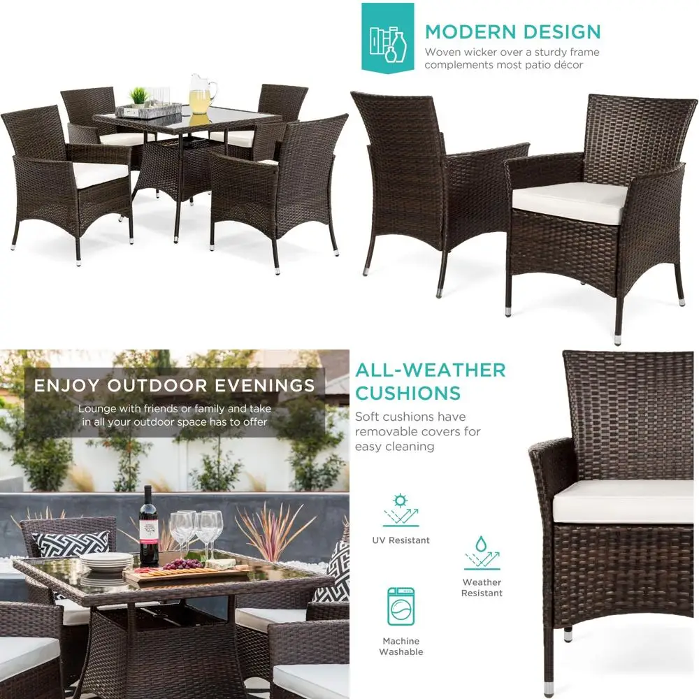 

5-Piece Patio Wicker Dining Set with Square Glass Top and Umbrella Holder for Outdoor Backyard