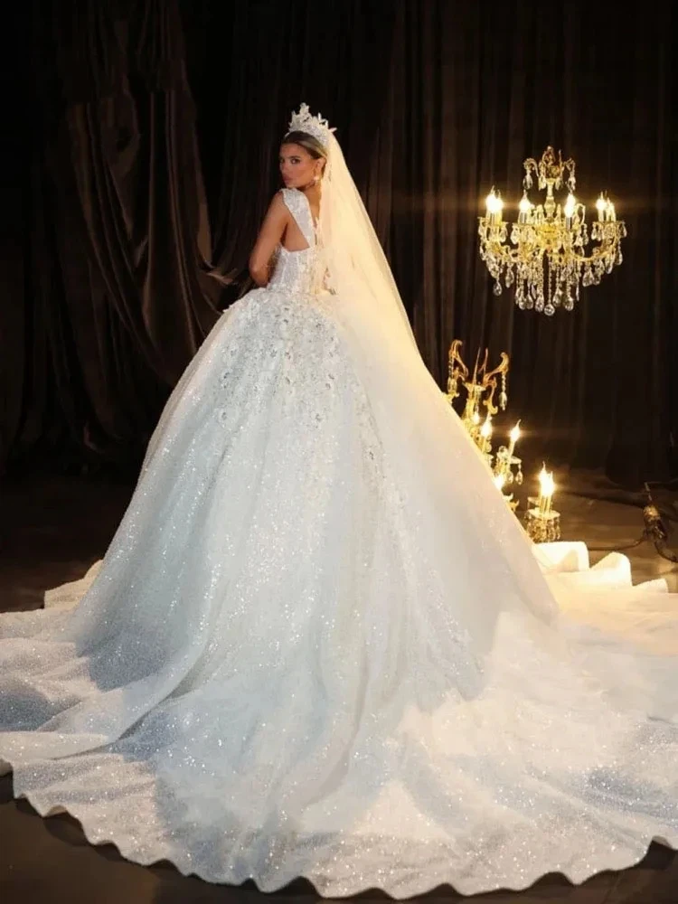 럭셔리한 반짝이는 A라인 레이스 데칼 퍼프 여성 웨딩 드레스 섹시한 스퀘어 칼라 볼 브라이덜 드레스 맞춤형