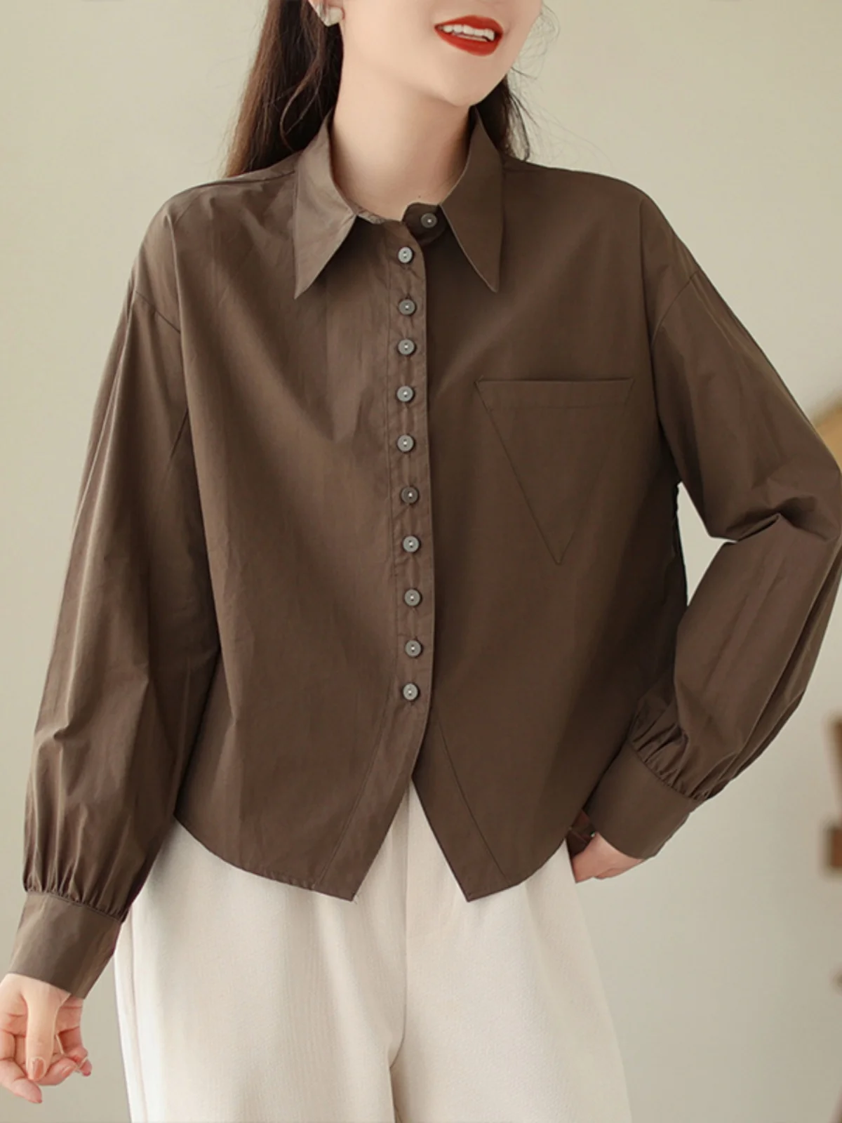 

Loose Long Sve Collar irt Women's Autumn Season Versatile Single Button Casual Top Japanese Sle Irregular Design