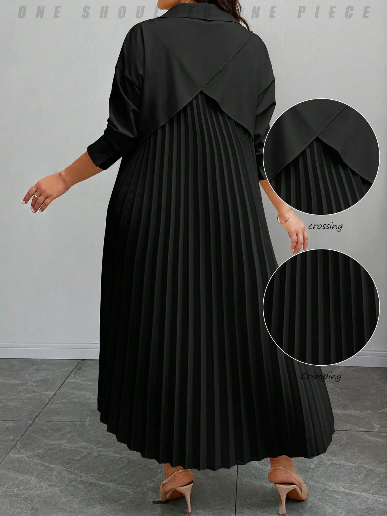 

Платье-рубашка для женщин больших размеров, повседневное, однотонное, с плиссировкой сзади и пуговицами спереди